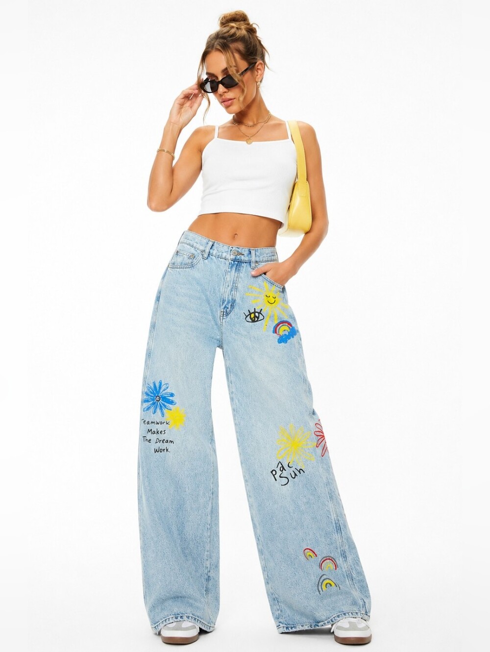 PacSun Baggy Jean Painted Wide Leg Jeans Size 27 Artsy Graffiti Light Wash